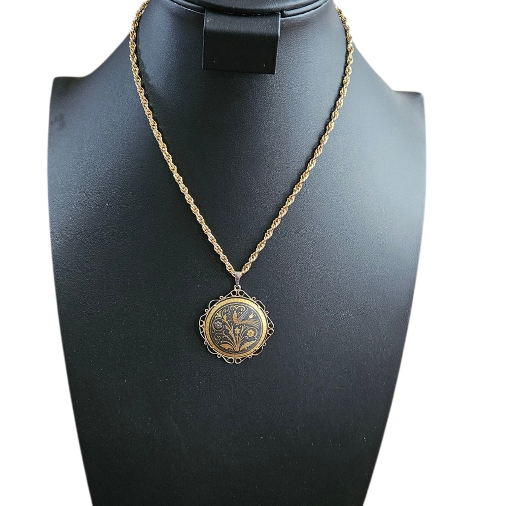 Vintage Damascene Pendant Necklace On A Goldtone Rope Chain 18"